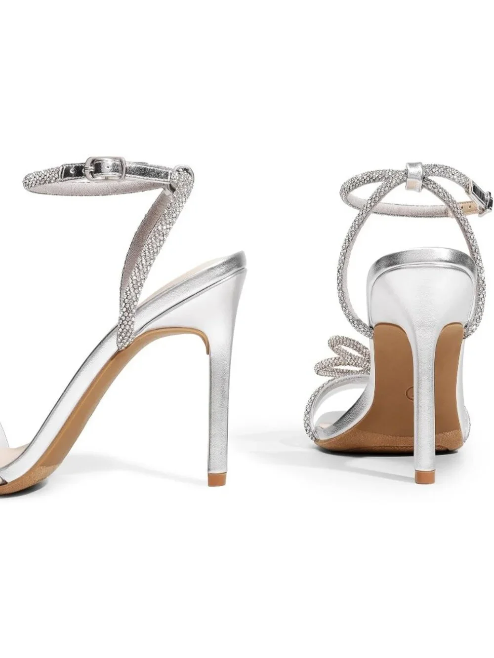 Women's Silver Double Bowknots Crystal Clear Slingback Square Toe Wedding Heels
